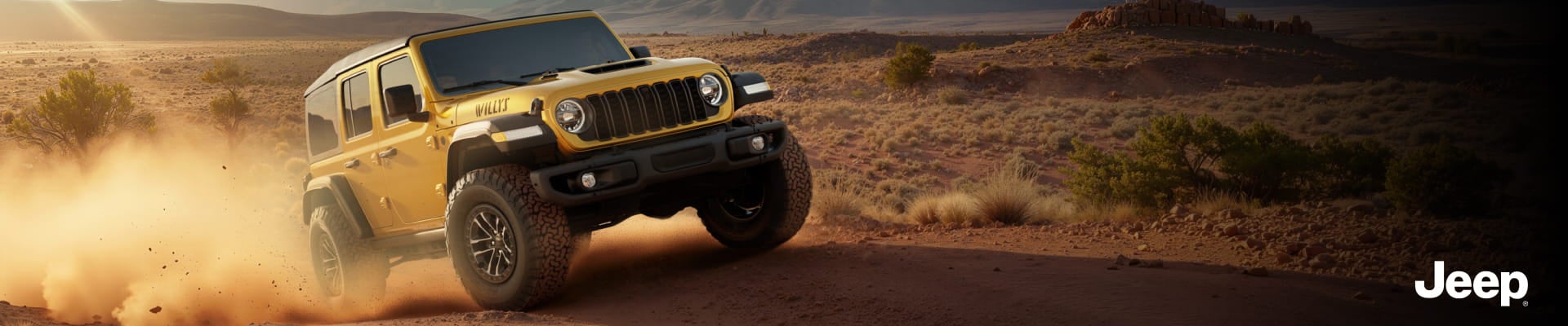 Yellow Jeep Wrangler Willys driving off-road through a desert landscape at sunset, kicking up dust.